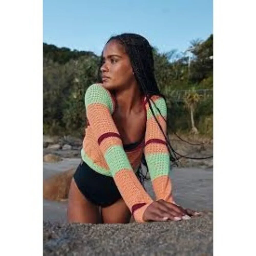 Free People Love Me Long Sleeve Fauxchet Stripe Crochet Crop Top